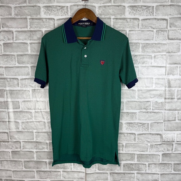 Polo Golf Ralph Lauren Green Chevron Print Crest Logo Collared Shirt Mens SMALL - Picture 2 of 7